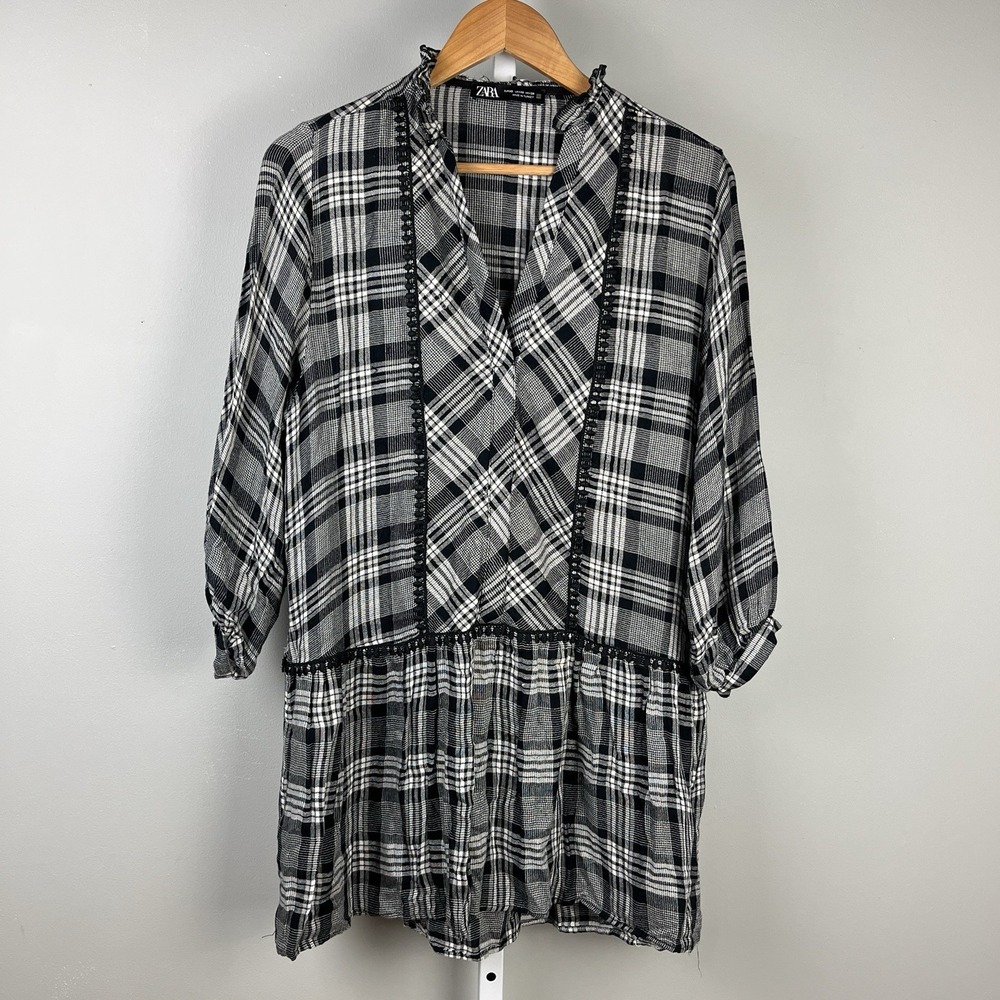 Zara Oversized‎ Drop Waist Mini Dress Womens XS Black White Plaid Gauzy